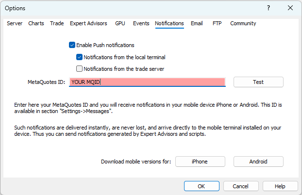Entering MetaQuotes ID in MT5 desktop Options → Notifications